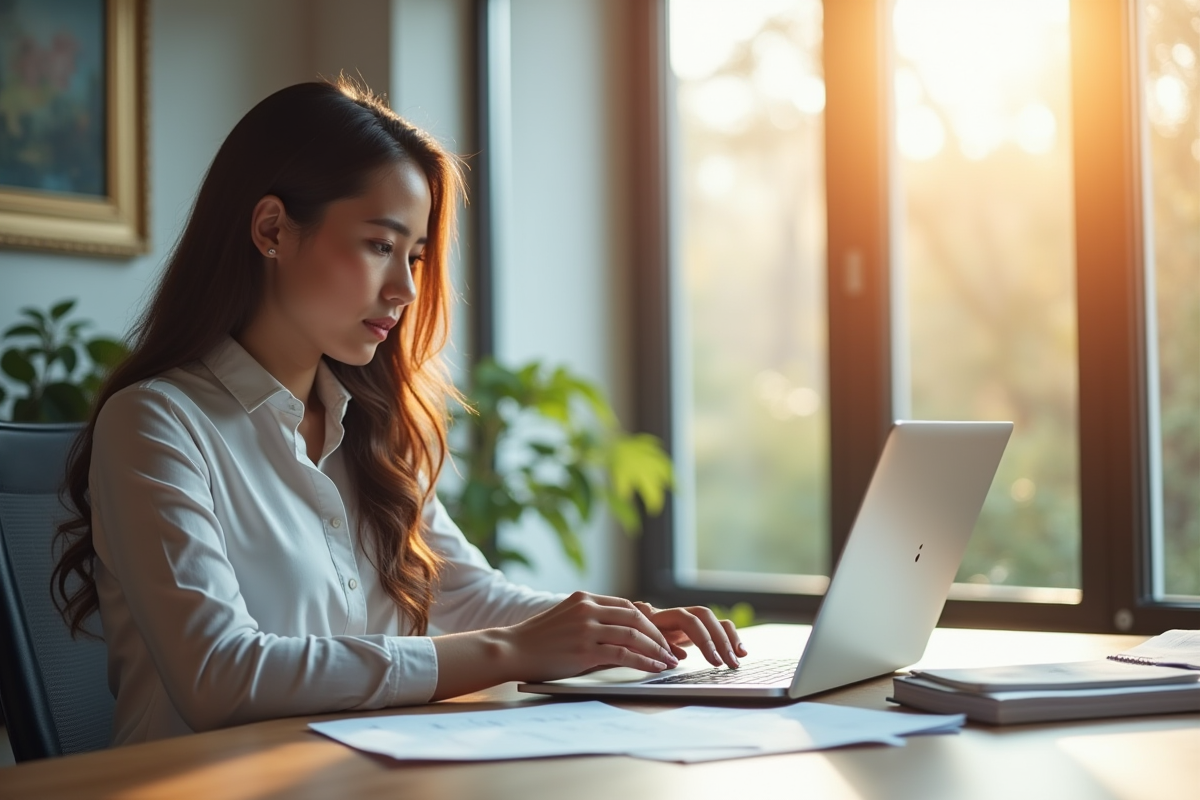 Jeune professionnel examinant des documents d'assurance au bureau