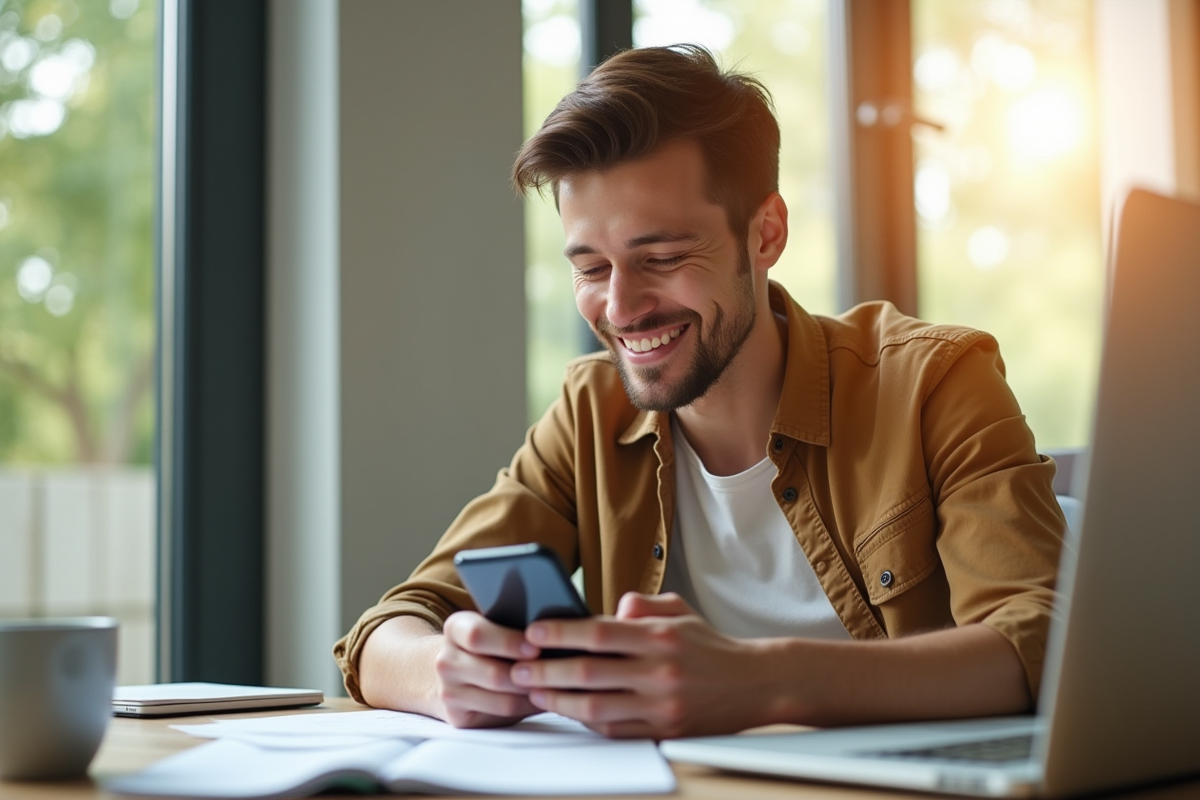 Jeune professionnel heureux vérifiant ses notifications sur smartphone