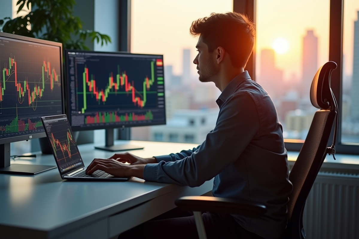 Jeune trader au bureau avec écrans financiers colorés