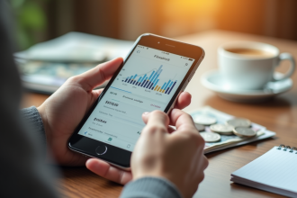 Mains tenant un smartphone avec une application financière sur un bureau lumineux