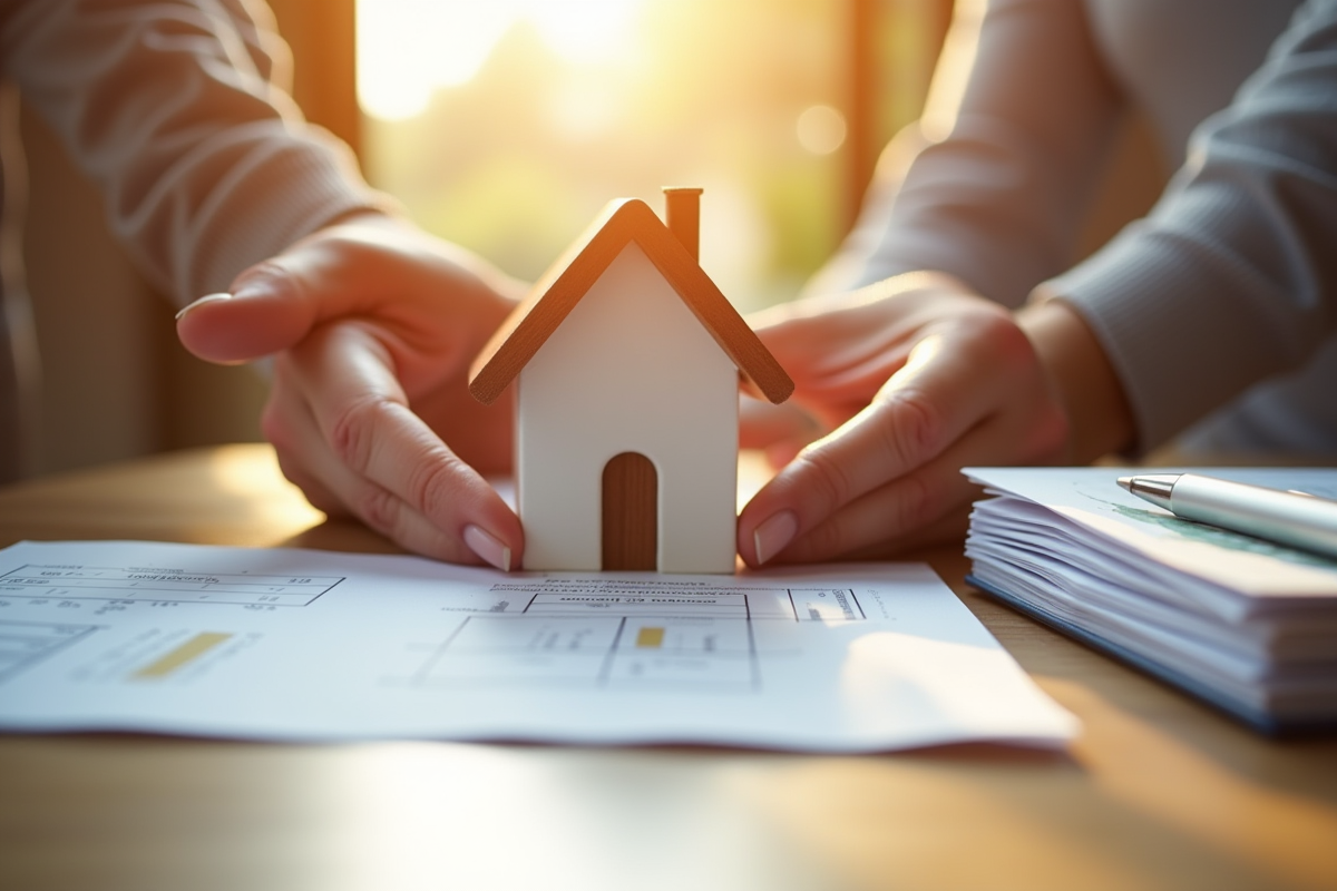 Mains protégeant une maison miniature et papiers hypothéque
