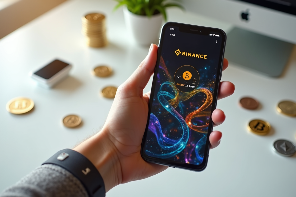 Main tenant un smartphone affichant l application Binance avec des pièces de cryptomonnaies