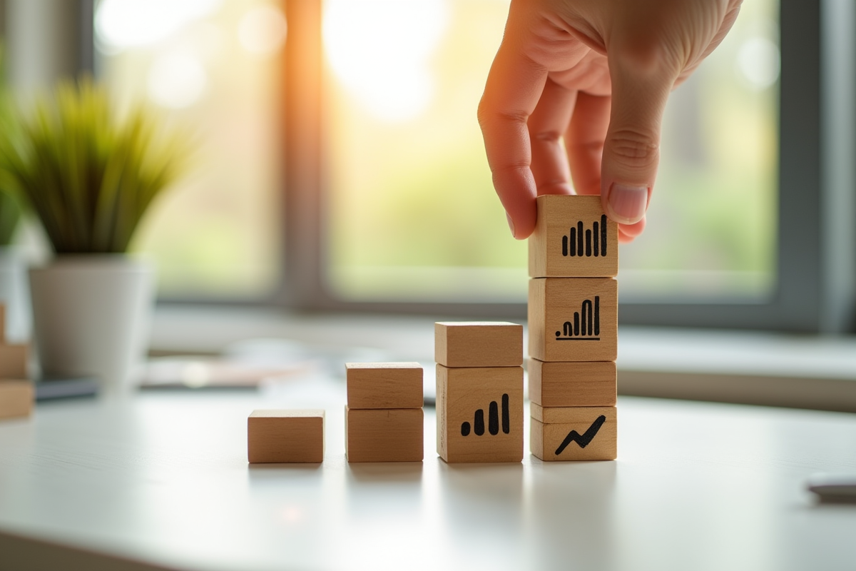 Main empilant des blocs avec des icônes de croissance financière