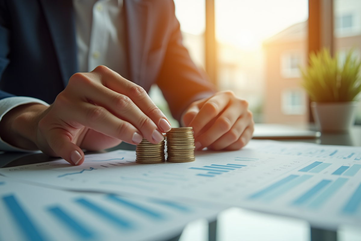 Mains empilant des pièces avec graphiques d
