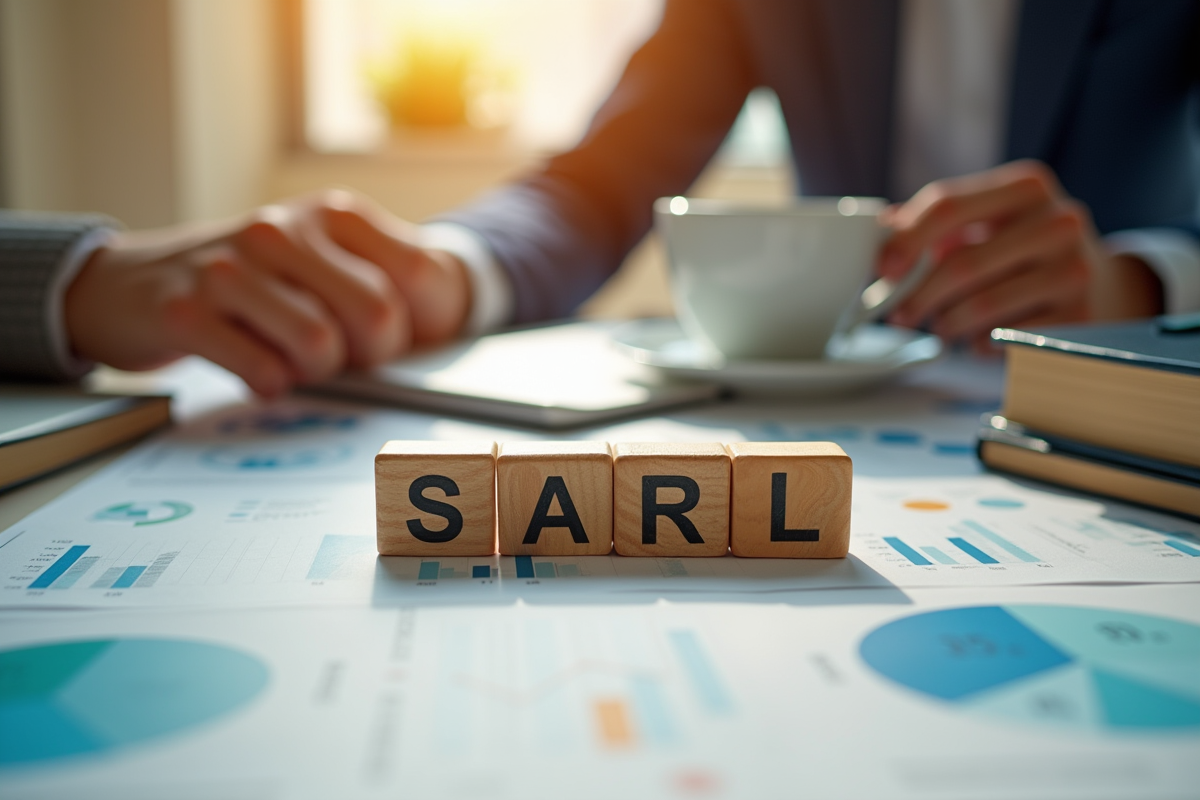 Mains organisant blocs avec SAS et SARL sur bureau ensoleille