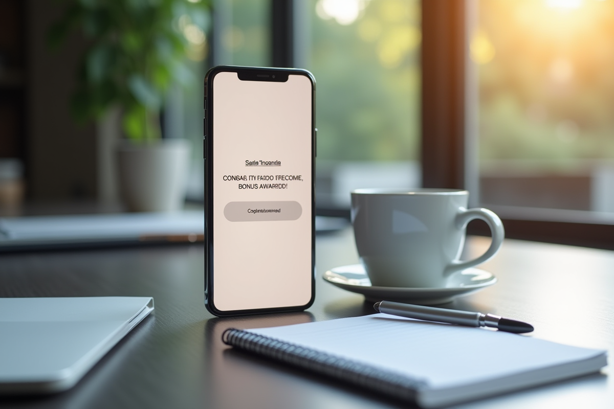 Ecran de smartphone avec notification de bonus dans un bureau lumineux