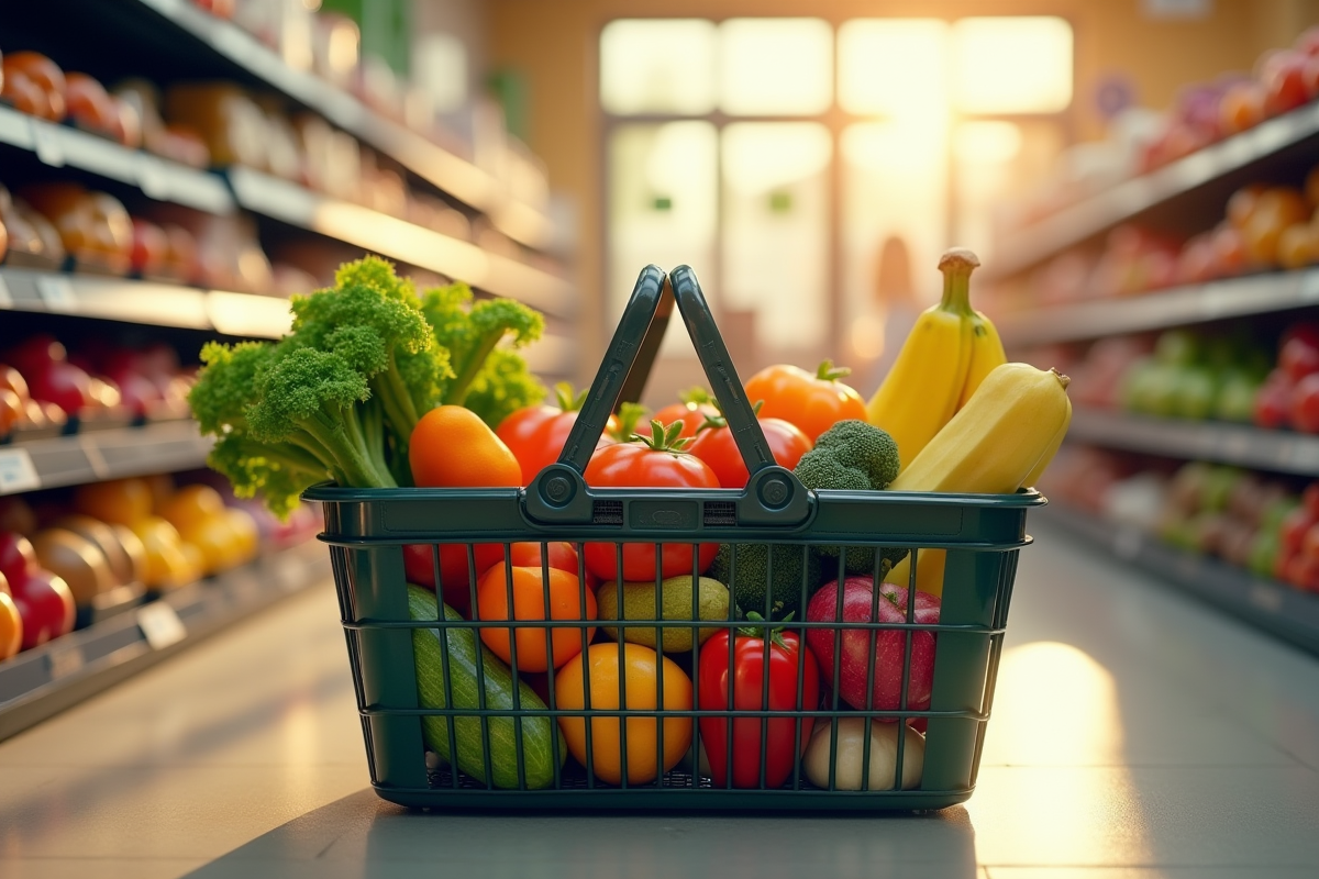 Panier de courses avec aliments frais et prix bas en supermarche