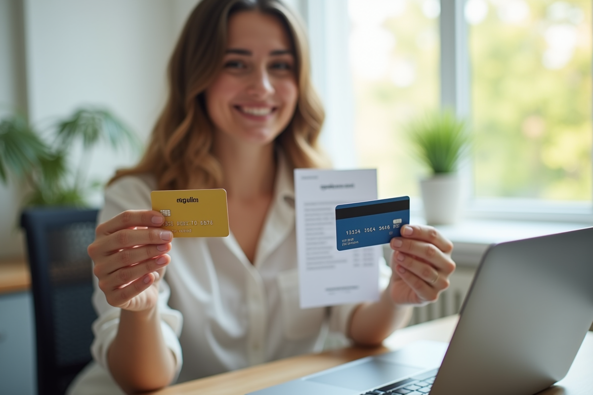 Personne souriante tenant une carte de crédit et un reçu remboursé dans un bureau lumineux