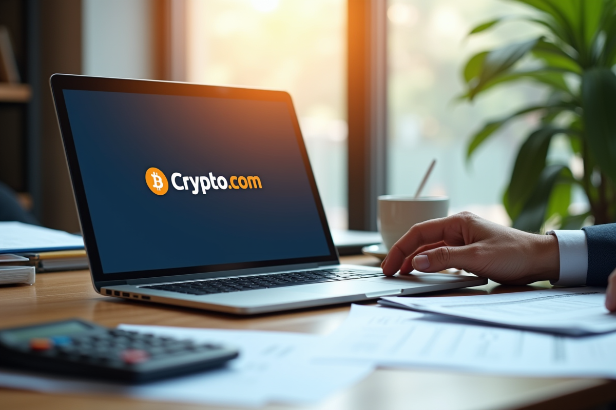 Professionnel au bureau utilisant un ordinateur avec site Crypto com