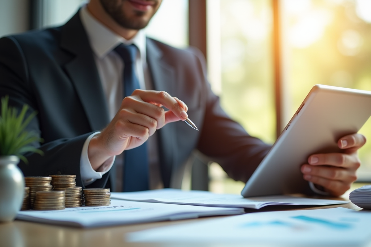 Personne élégante analysant des documents financiers avec une tablette