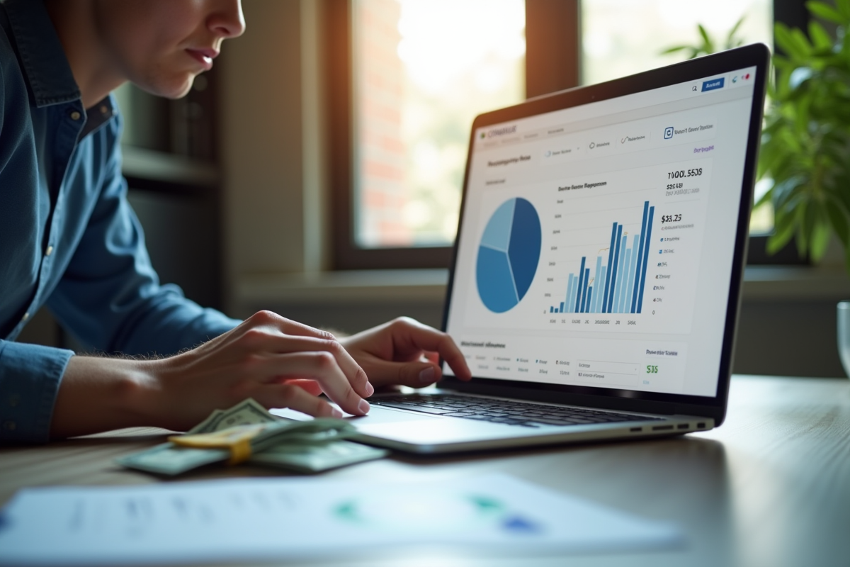 Personne inquiète vérifiant un compte Coinbase sur un ordinateur portable