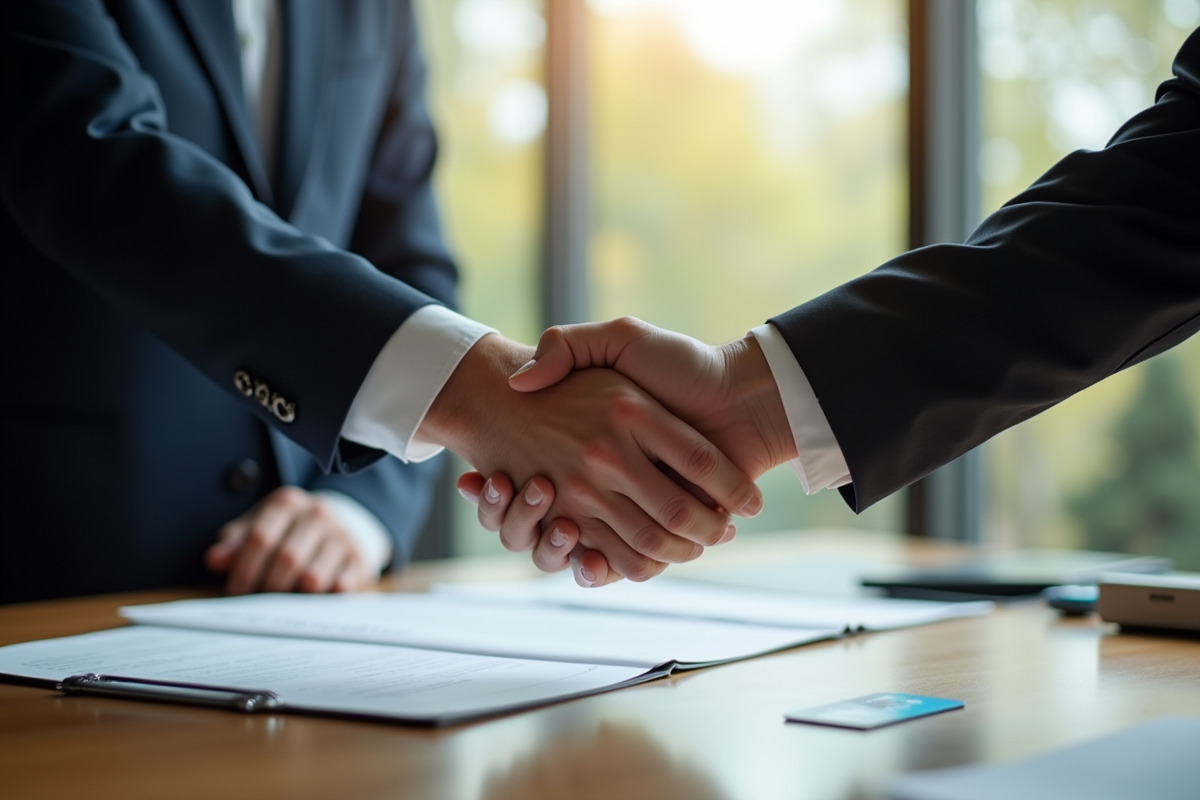 Poignée de main entre deux professionnels avec documents CIC et carte Crédit Mutuel