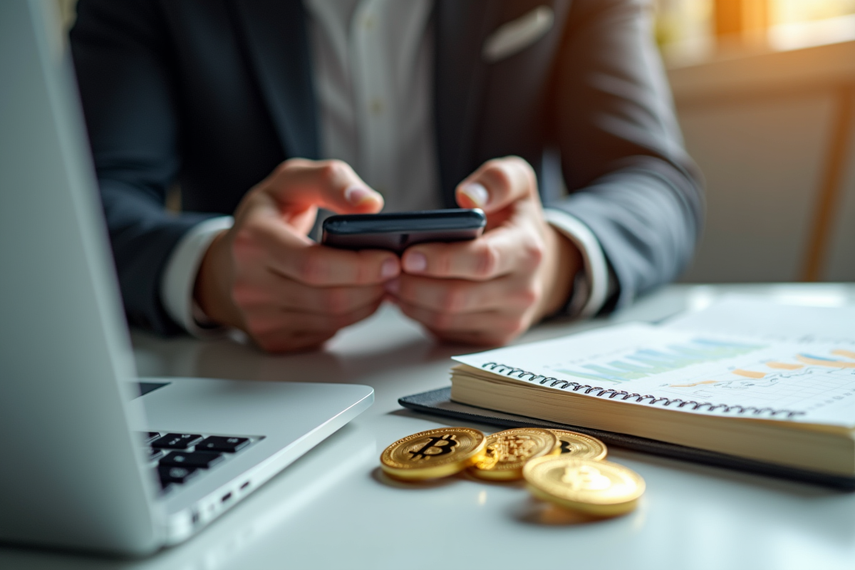 Main tenant un smartphone avec portefeuille Bitcoin sur un bureau lumineux