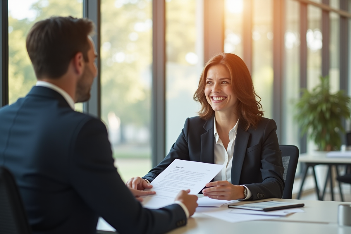 Professionnel de banque souriant avec un client discutant de documents