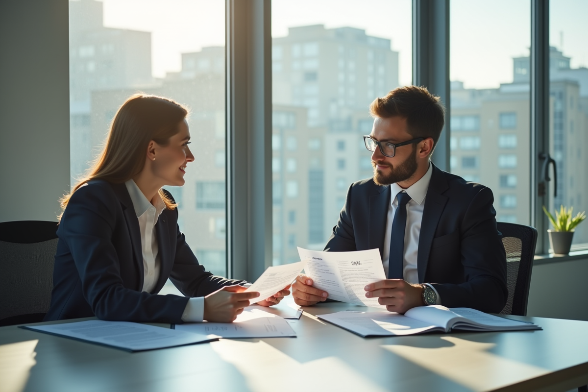 Deux professionnels discutent avec documents SAS et SARL