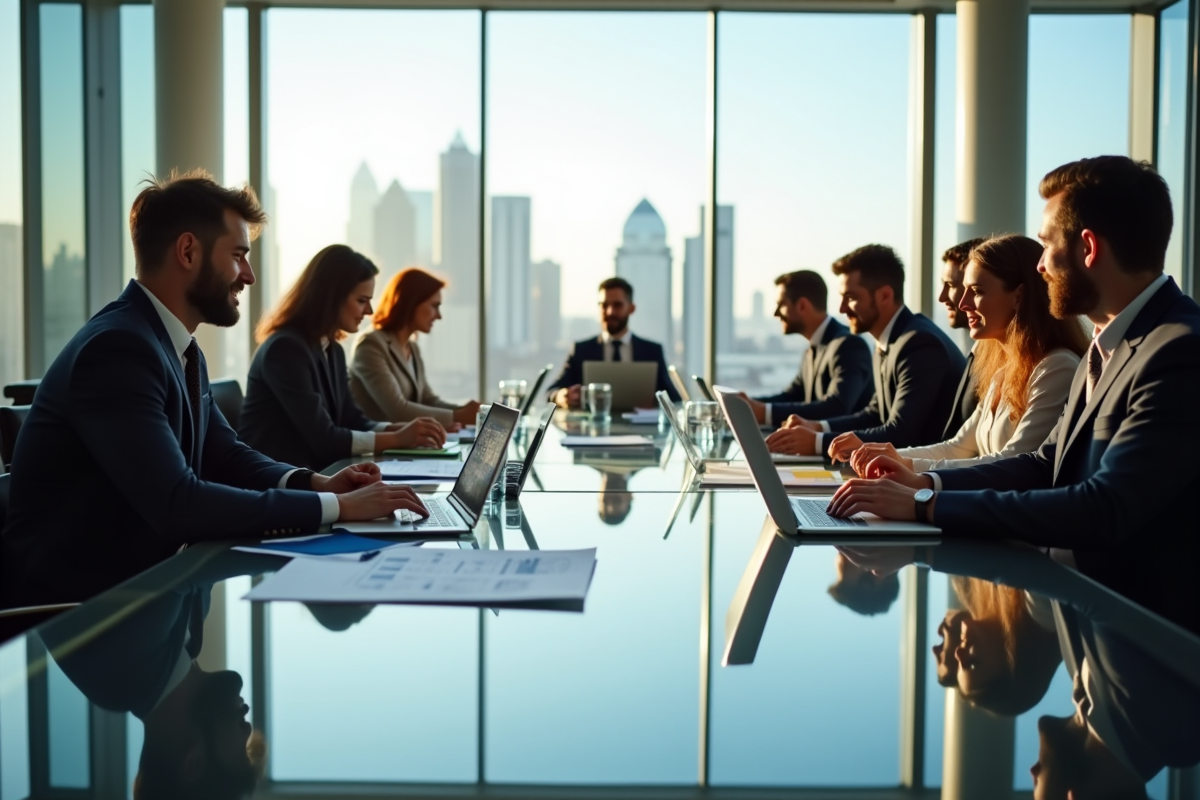 Professionnels d'affaires collaborant dans un bureau lumineux