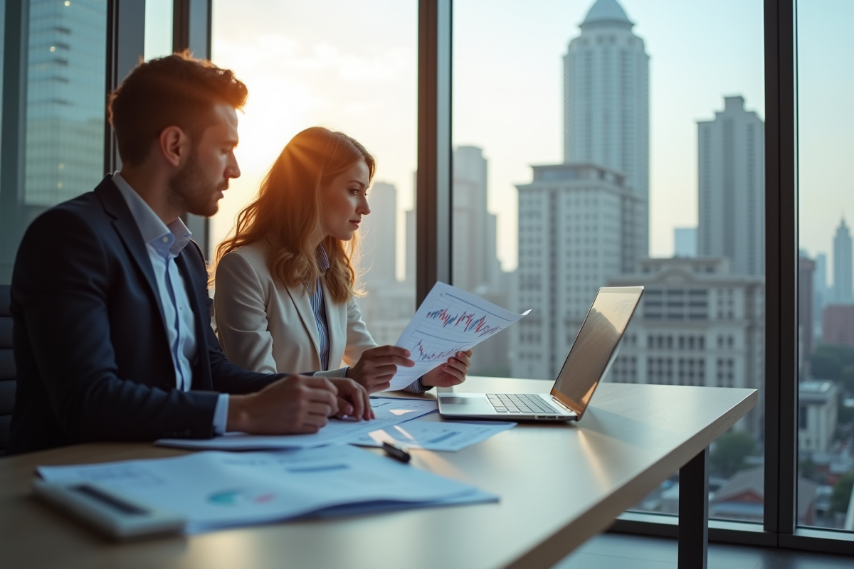 Professionnels examinant des documents financiers en bureau moderne