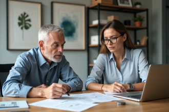 Homme et femme en réunion dans un bureau lumineux