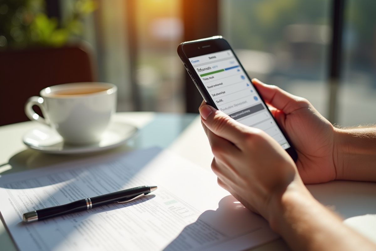 Mains remplissant un formulaire de remboursement sur un smartphone dans un café ensoleille