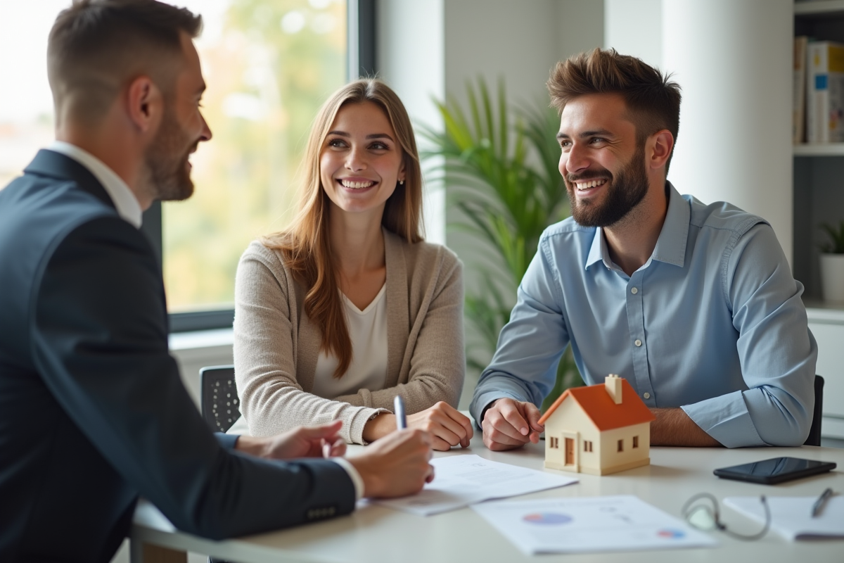 Jeune couple souriant rencontrant un banquier dans un bureau moderne