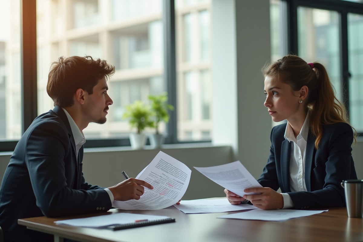 Jeune adulte discutant avec un conseiller en bureau moderne