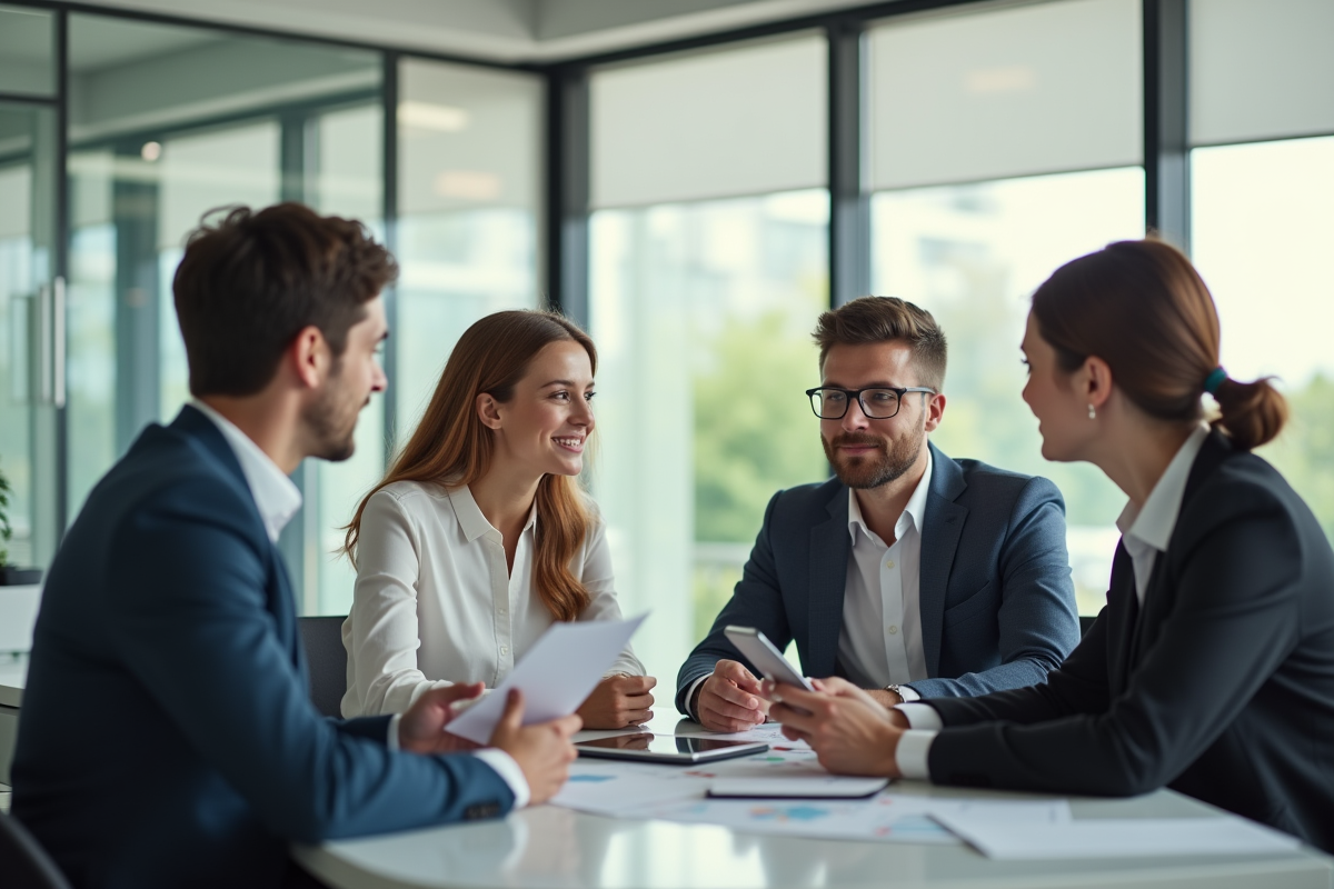 Jeune couple professionnel discutant avec un conseiller financier dans un bureau lumineux