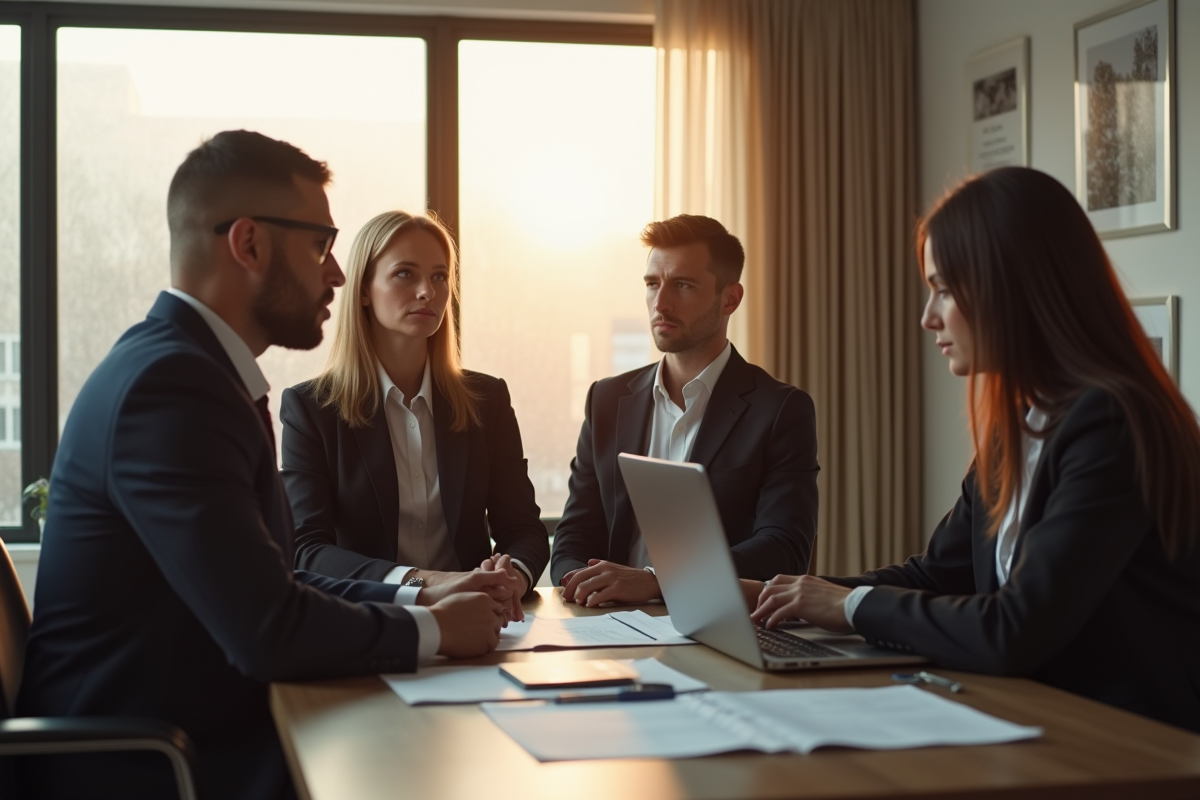 Famille en deuil rencontrant un banquier dans un bureau moderne