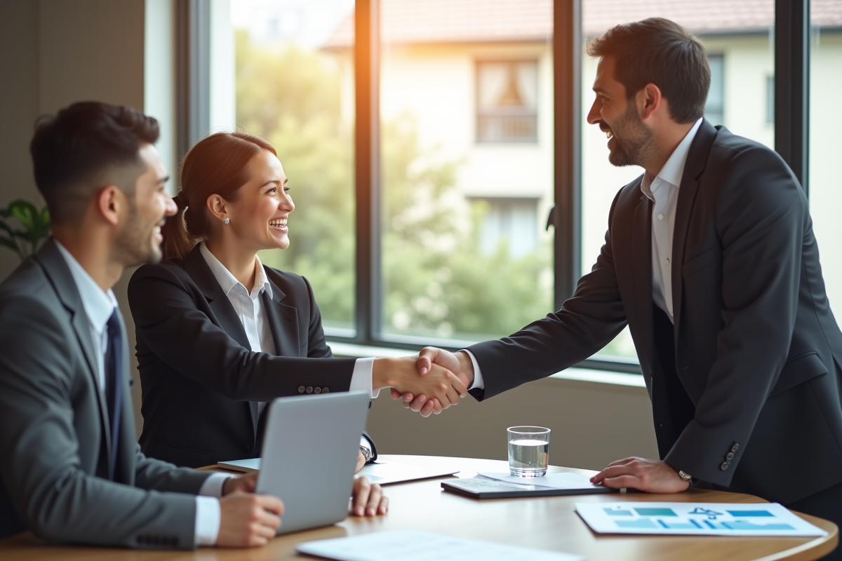Professionnel souriant en affaires serre la main d'un agent immobilier dans un bureau lumineux