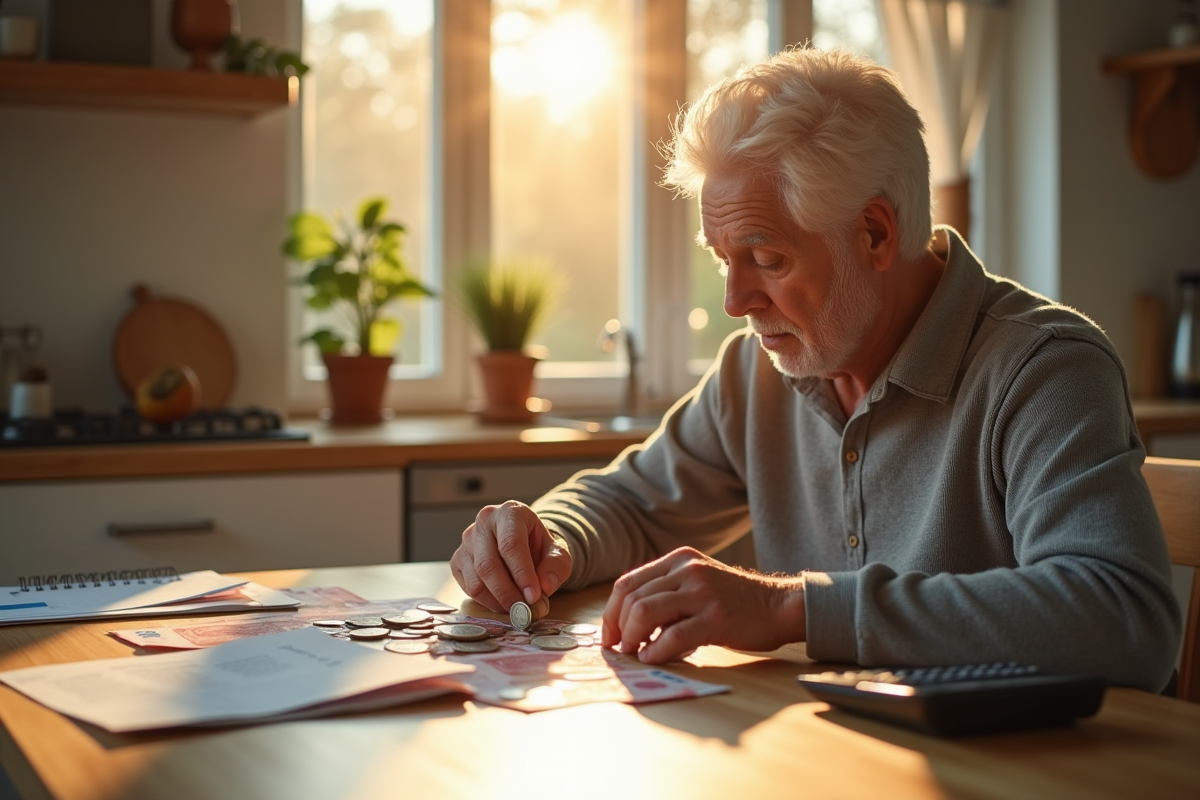 Senior français comptant des euros à la cuisine