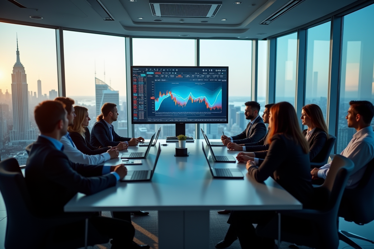 Groupe de professionnels analysant des graphiques ETF dans une salle de réunion