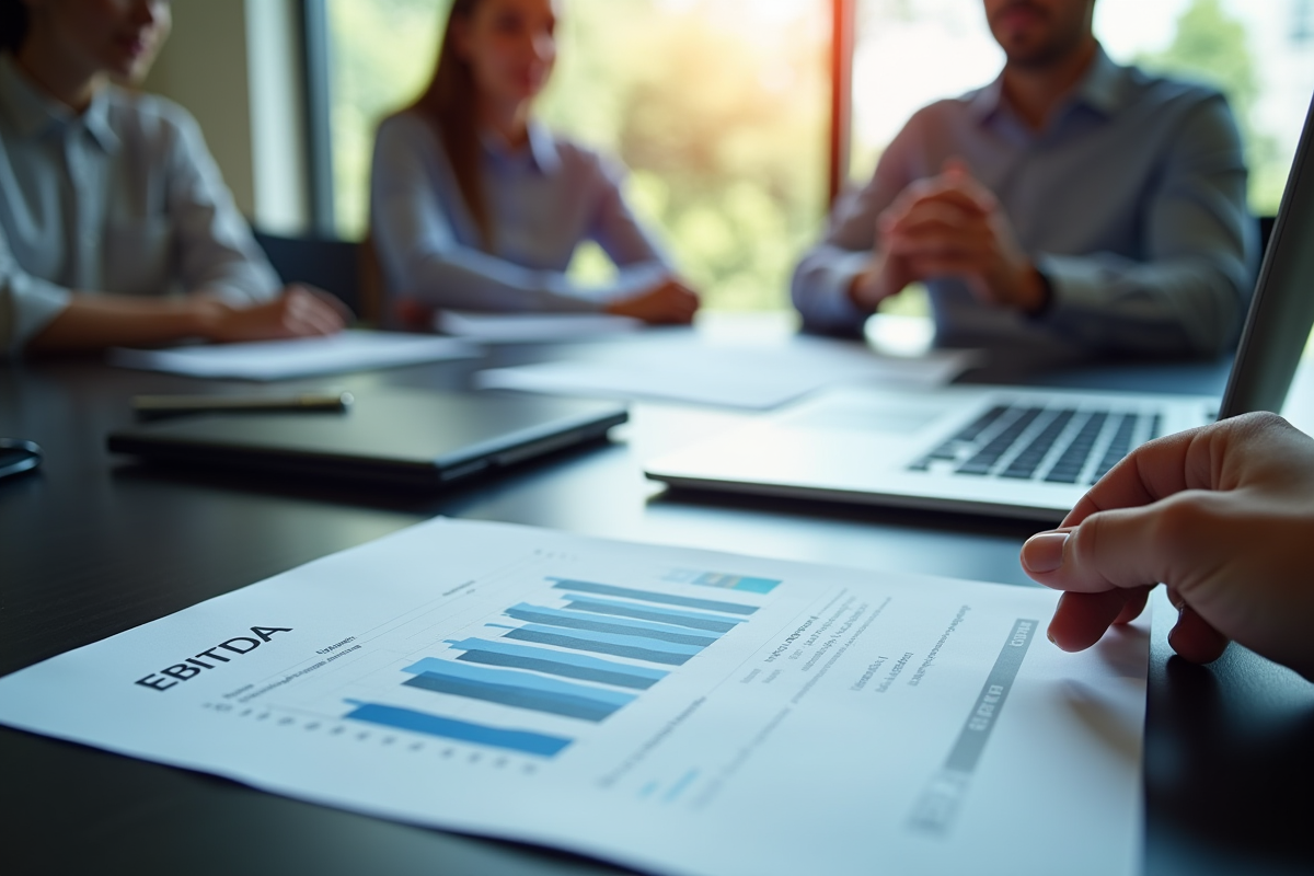 Réunion d'affaires avec documents financiers et graphique EBITDA