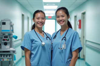 Sage femme et infirmière souriantes dans un couloir lumineux