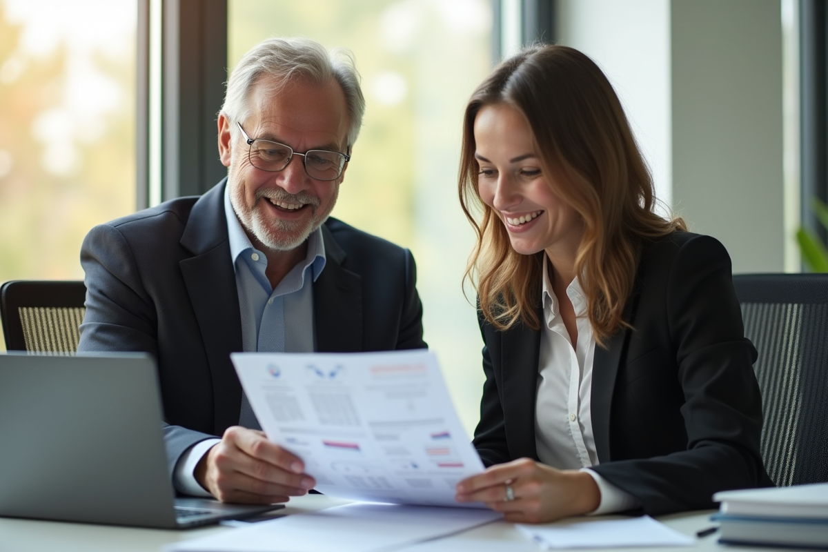 Senior homme et jeune femme au bureau souriants