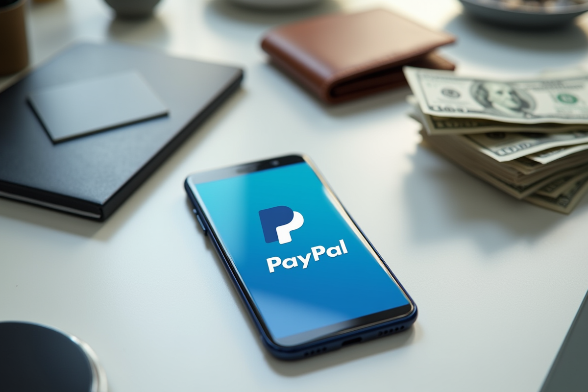 Smartphone affichant l application PayPal avec argent et portefeuille