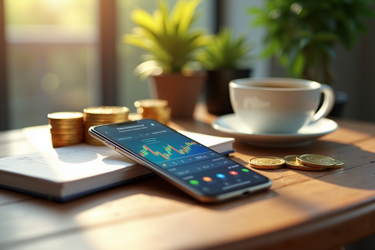 Smartphone avec application crypto entouré de pièces d