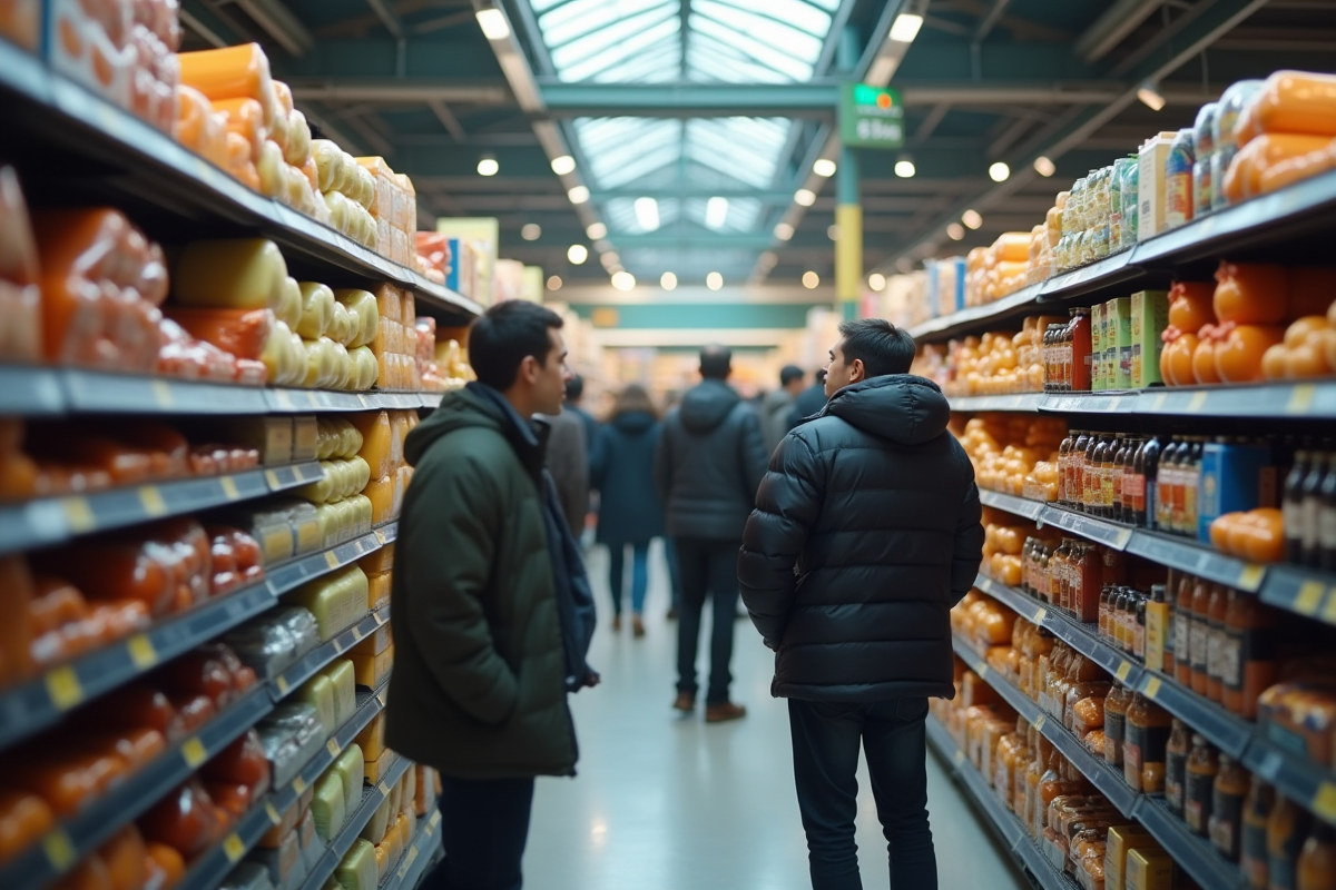 Aisle de supermarché avec clients inquiets face aux prix