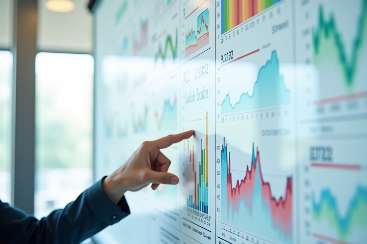 Tableau blanc avec graphiques financiers et termes clés