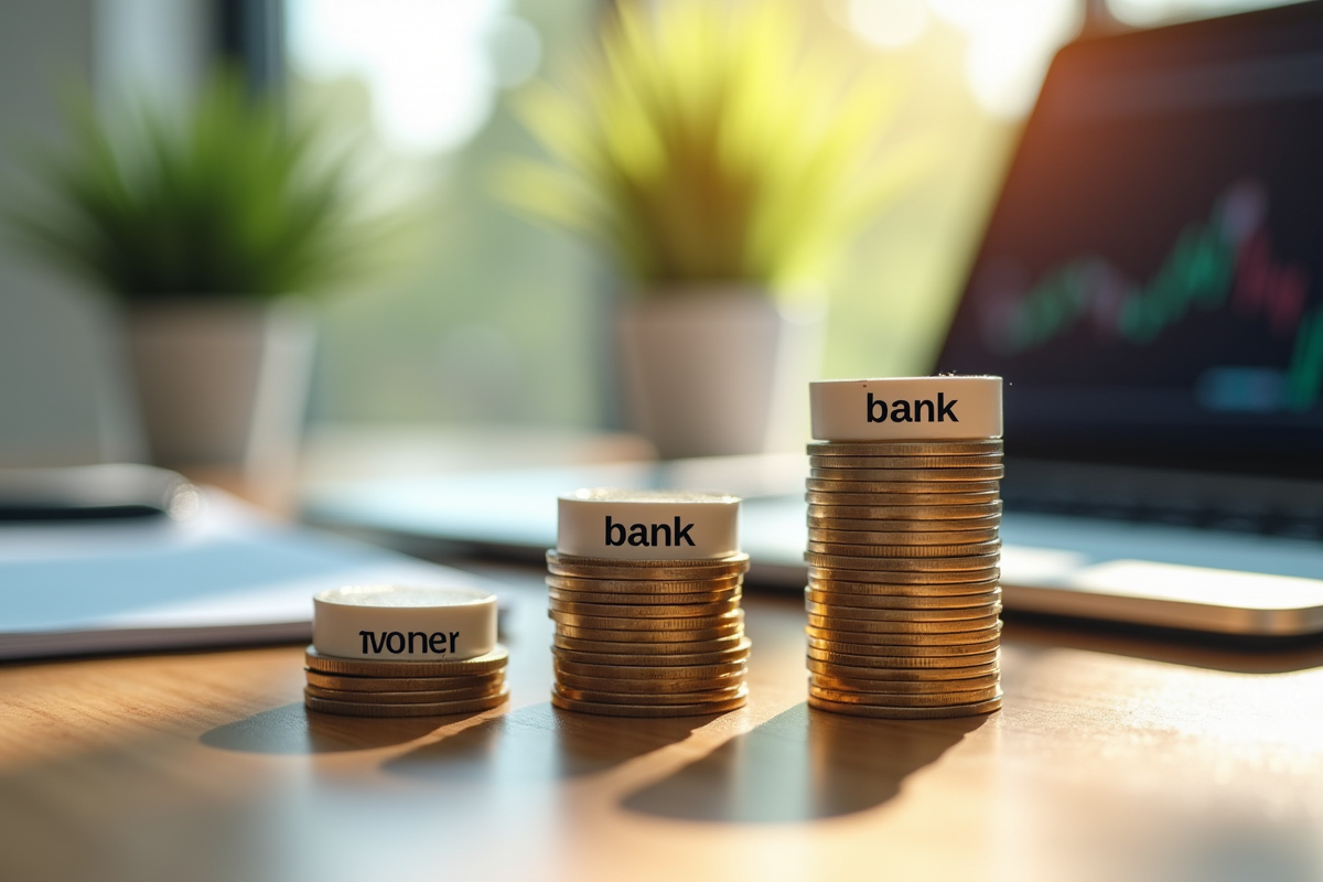 Trois tas de coins sur un bureau moderne avec graphique financier en arrière-plan