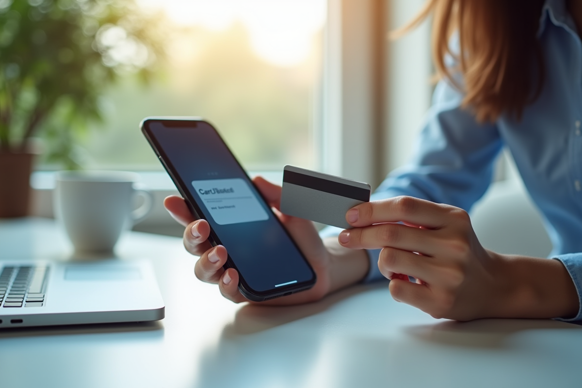 Personne tenant une carte bancaire et un smartphone avec notification bloquée