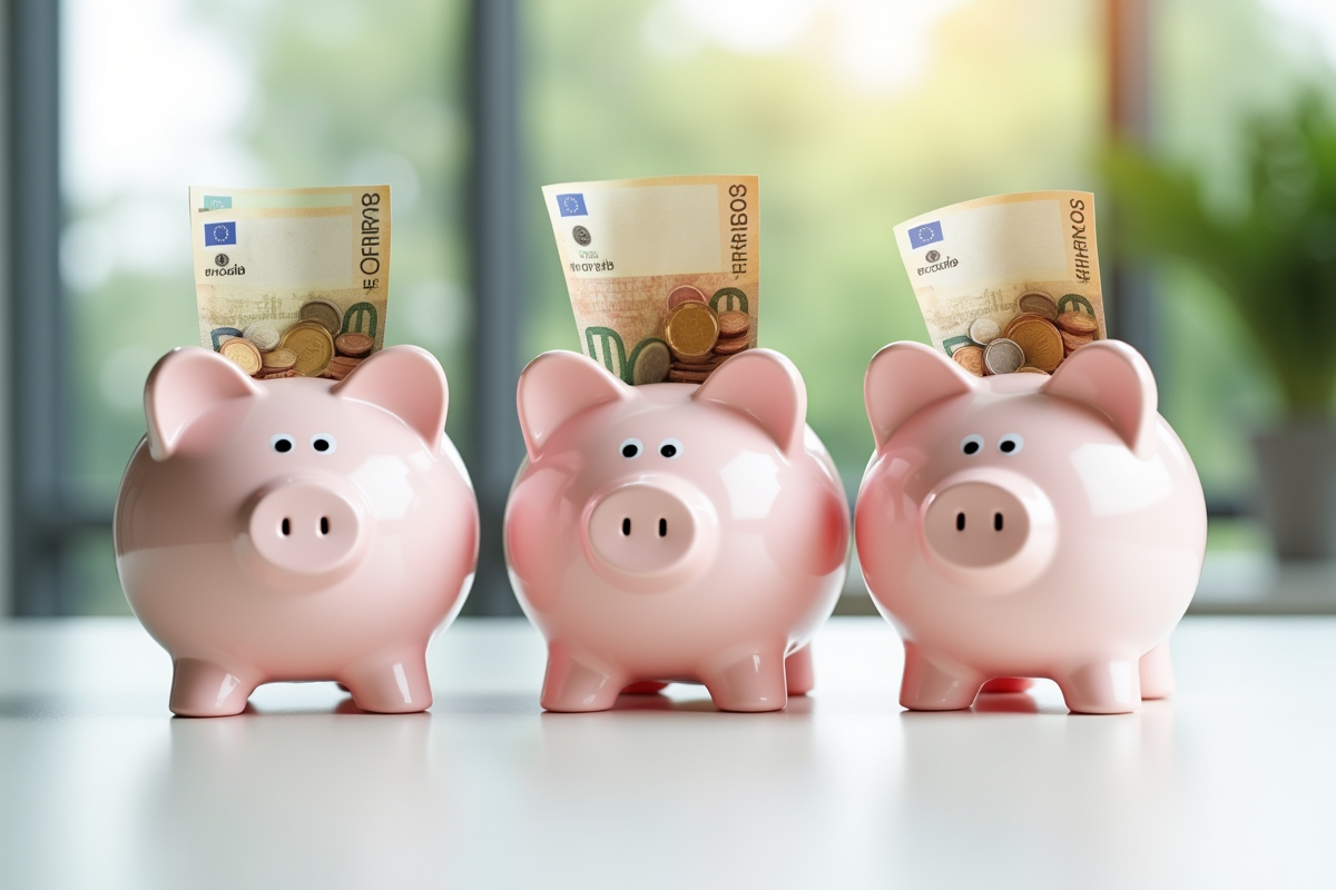 Trois tirelires avec pièces et billets d euro sur une surface blanche