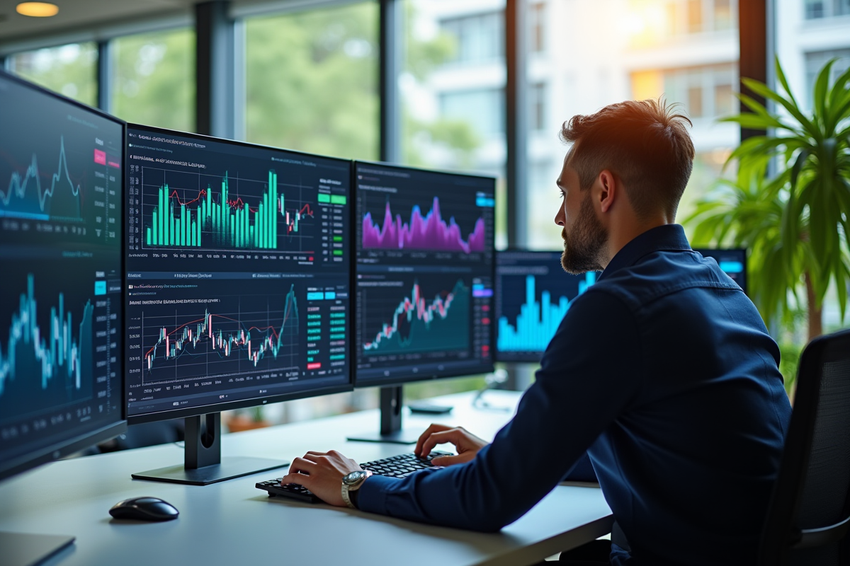 Trader moderne au bureau avec écrans AI et graphiques financiers