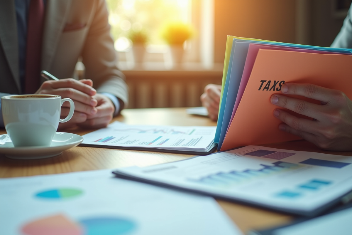 Mains triant dossiers colorés avec graphiques et café